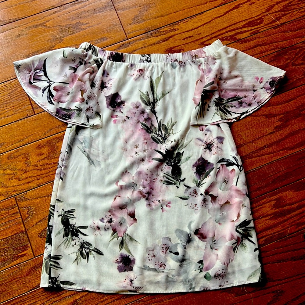 Lulu’s short off shoulder mini dress white and purple floral